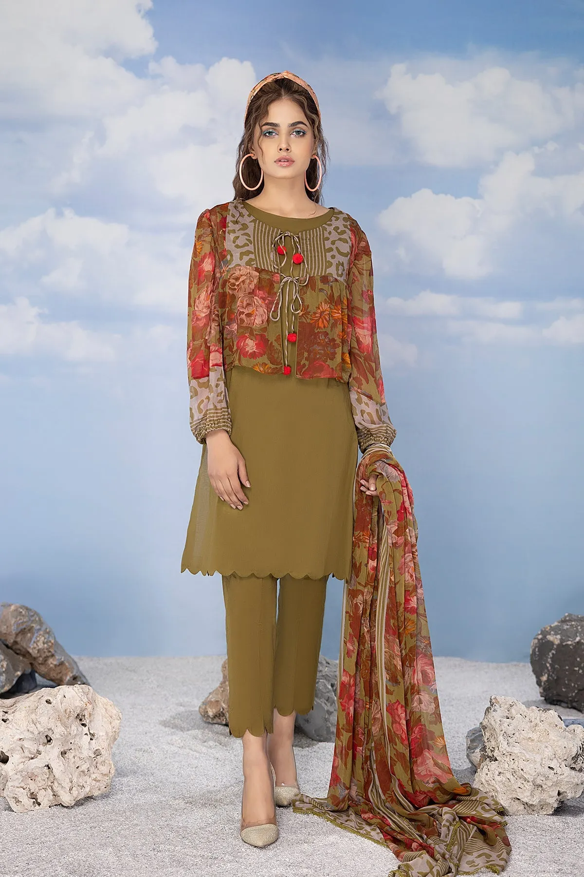 3-Pc Chiffon Printed Jacket With Chiffon Dupatta and Plain Trouser CPV23-06-S