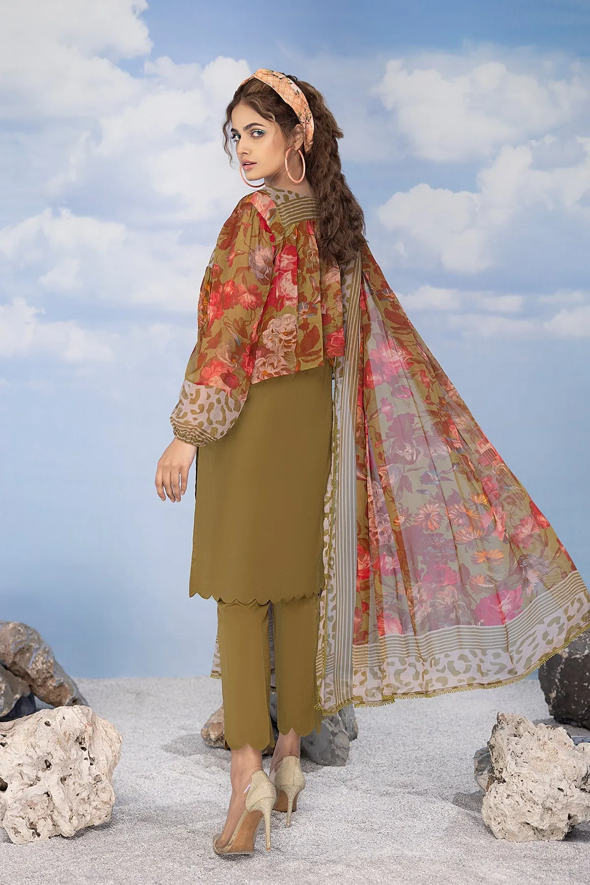 3-Pc Chiffon Printed Jacket With Chiffon Dupatta and Plain Trouser CPV23-06-S