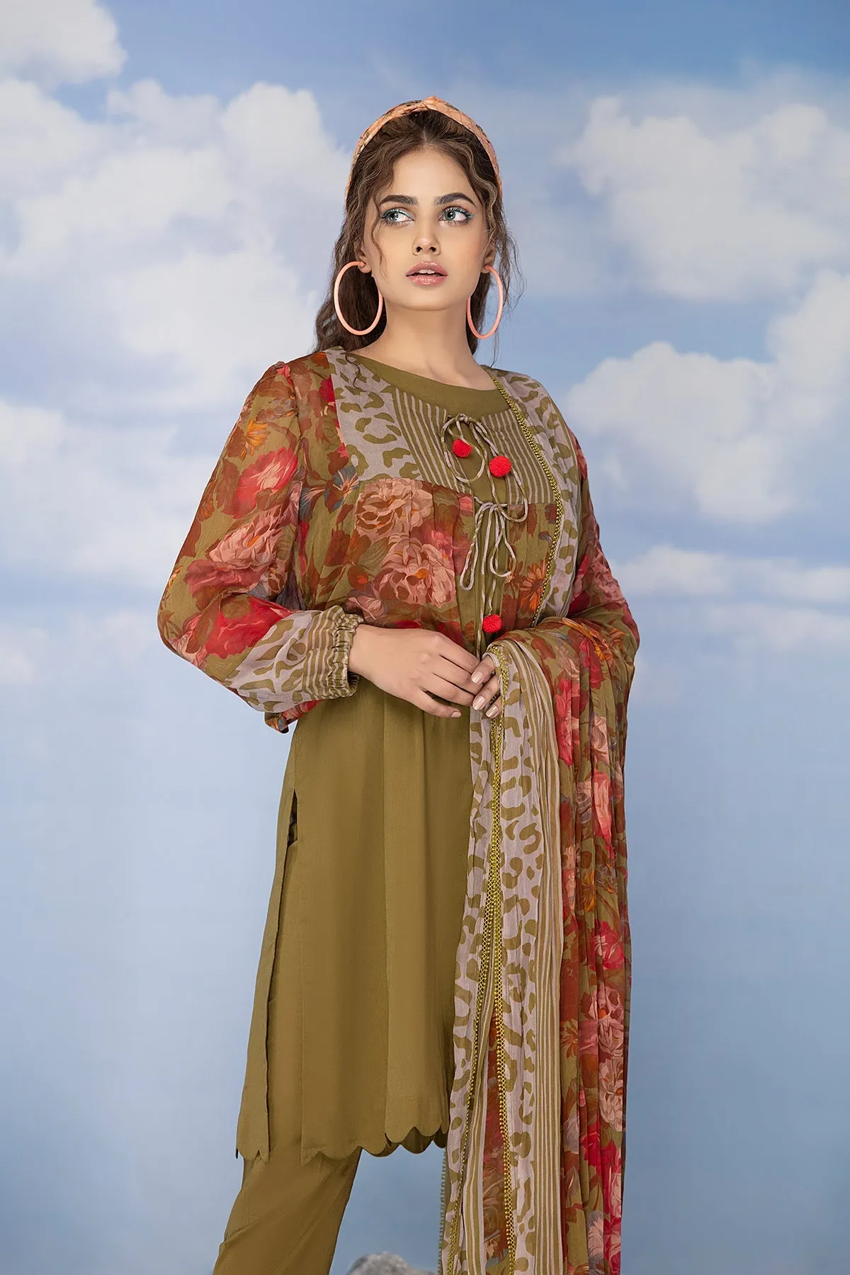 3-Pc Chiffon Printed Jacket With Chiffon Dupatta and Plain Trouser CPV23-06-S