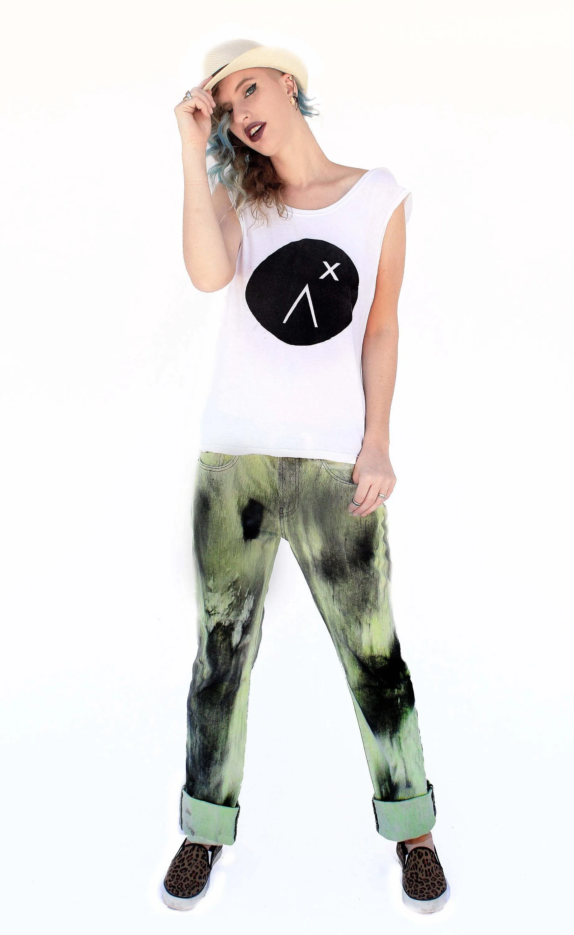 Acid green spray paint splatter jeans | Unisex size L