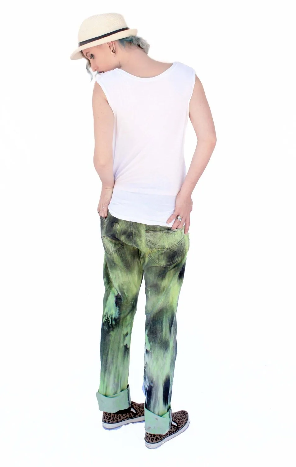 Acid green spray paint splatter jeans | Unisex size L