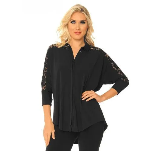 Alisha D Black Lace Shirt Collar Cuff Jacket S M L XL Polyester