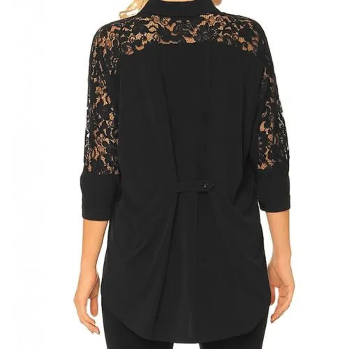 Alisha D Black Lace Shirt Collar Cuff Jacket S M L XL Polyester