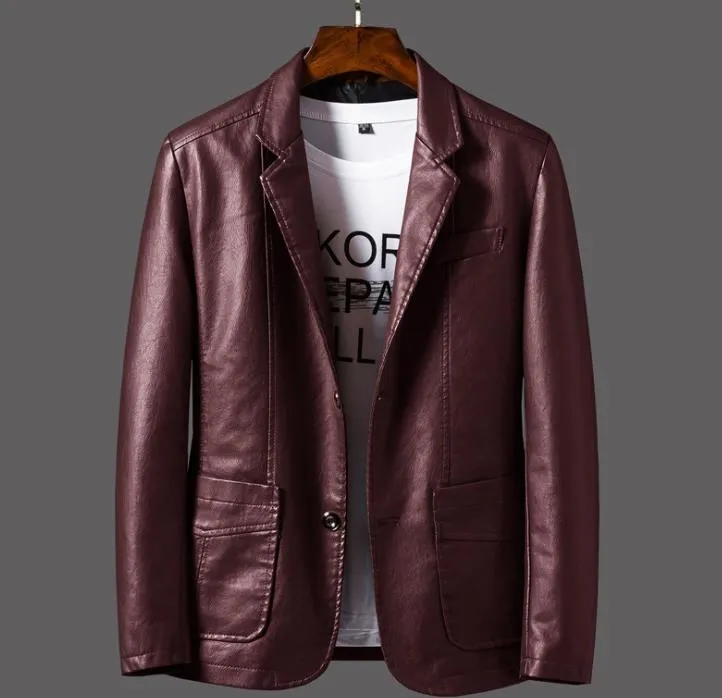 Autumn Synthetic Leather Casual Slim Fit Outerwear Blazer for Men