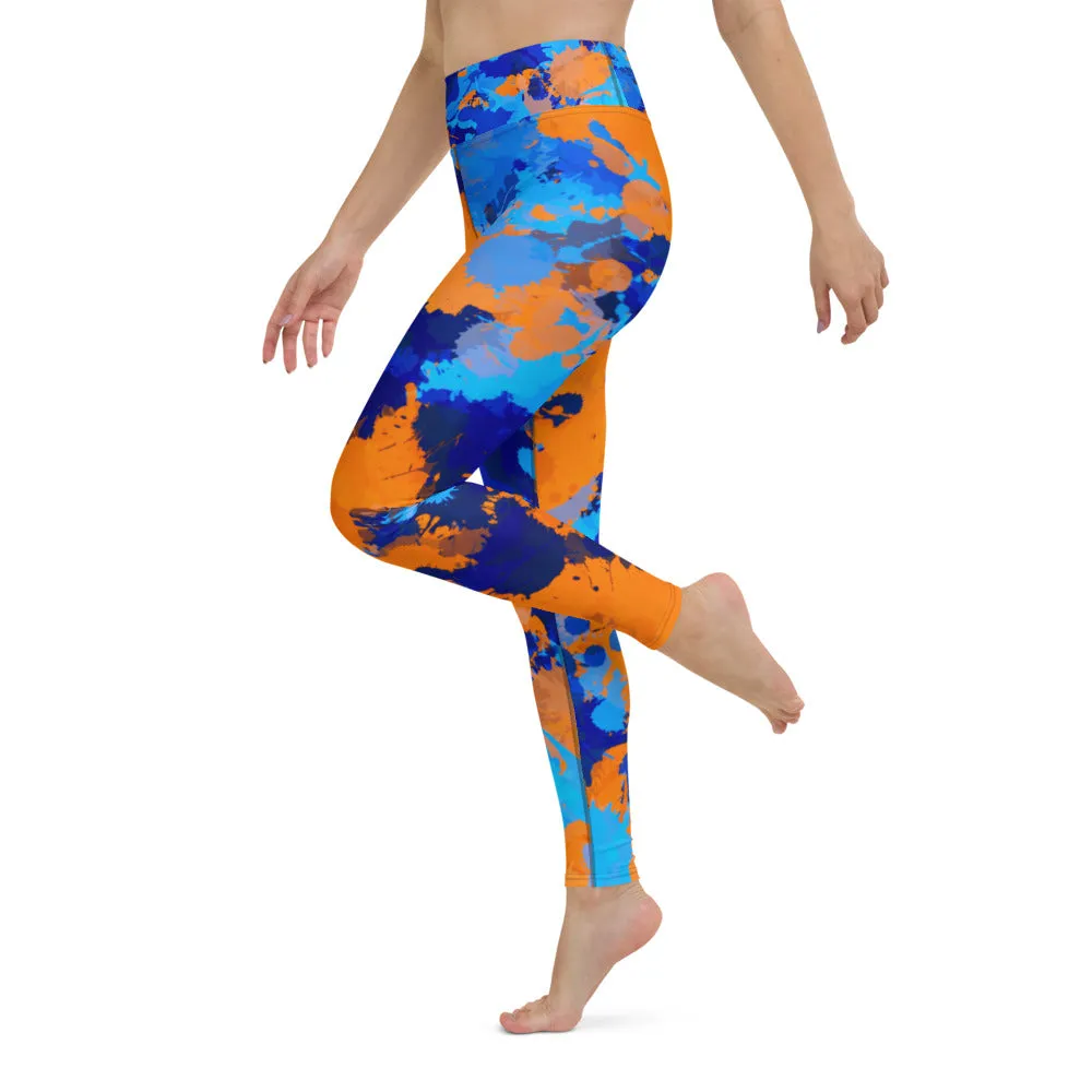 Blue and Orange Paint Splatter High-Waisted Yoga Leggings