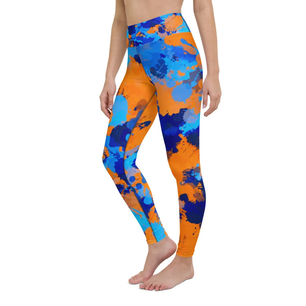 Blue and Orange Paint Splatter High-Waisted Yoga Leggings