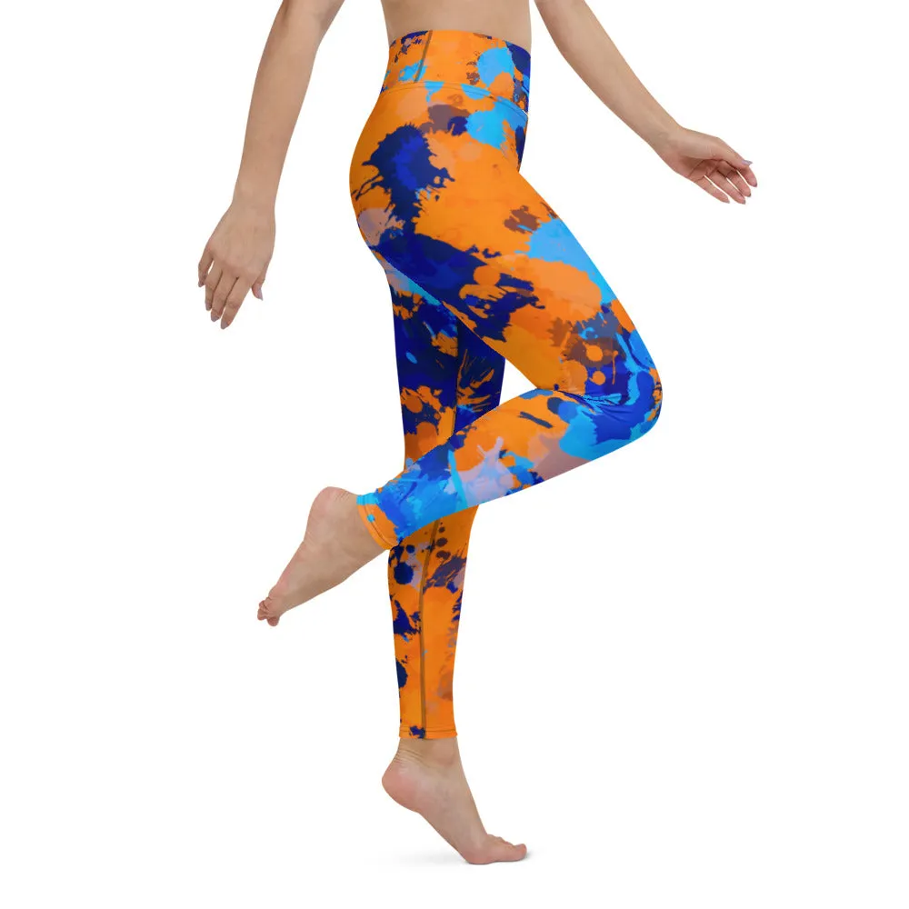 Blue and Orange Paint Splatter High-Waisted Yoga Leggings