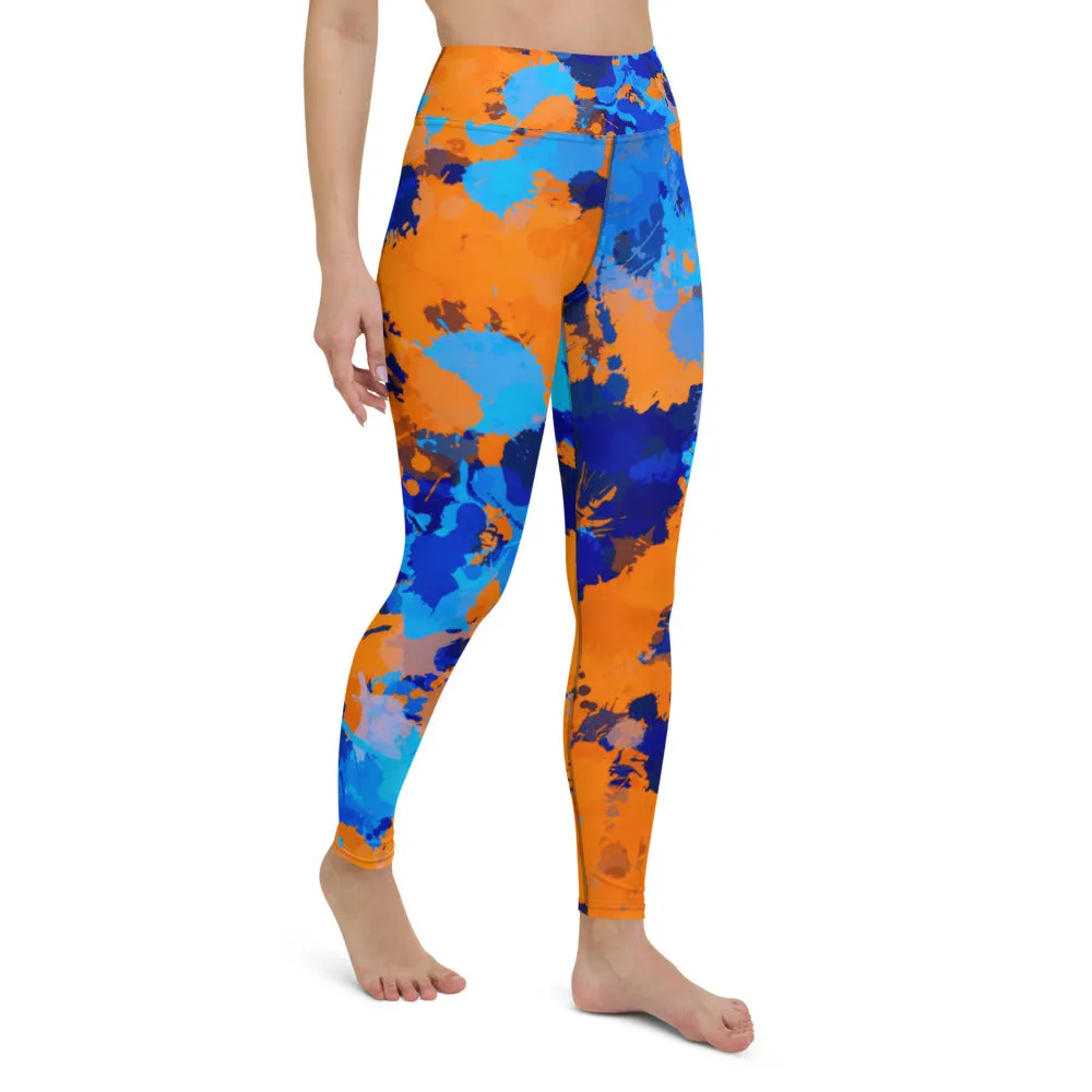 Blue and Orange Paint Splatter High-Waisted Yoga Leggings