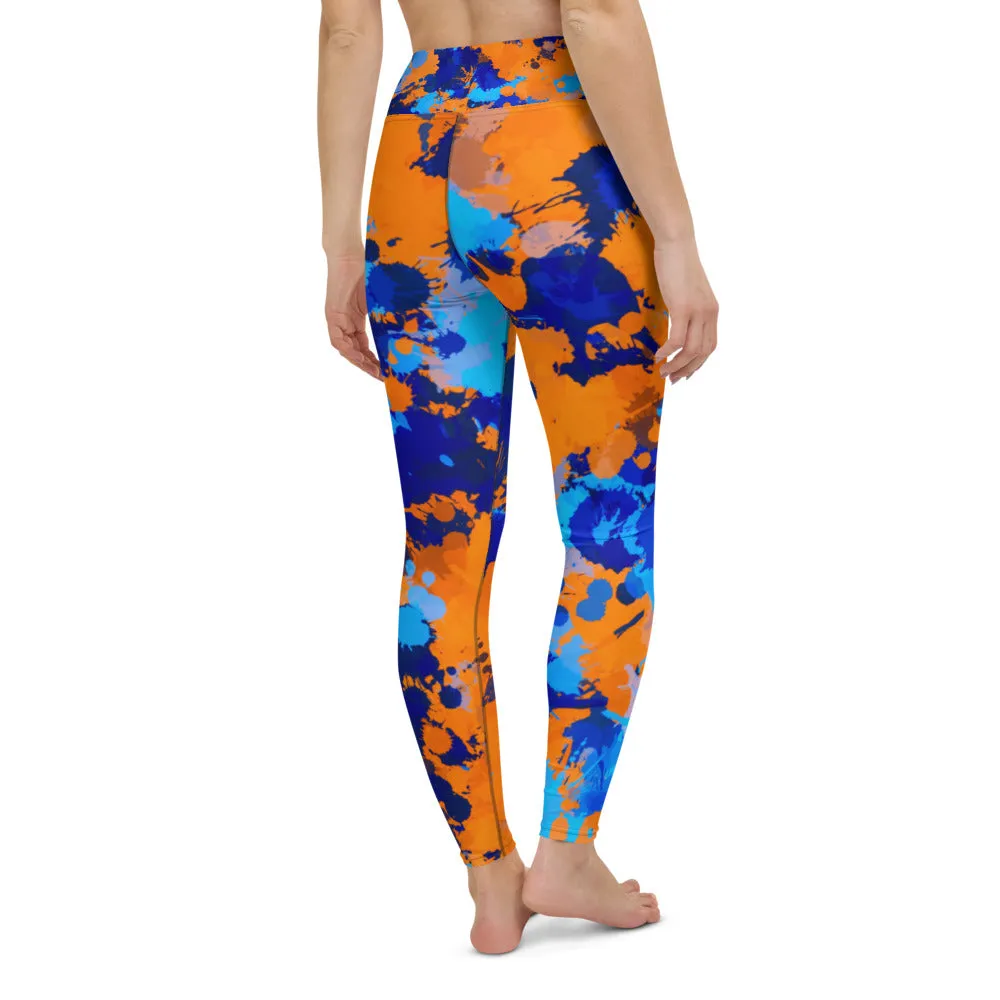 Blue and Orange Paint Splatter High-Waisted Yoga Leggings