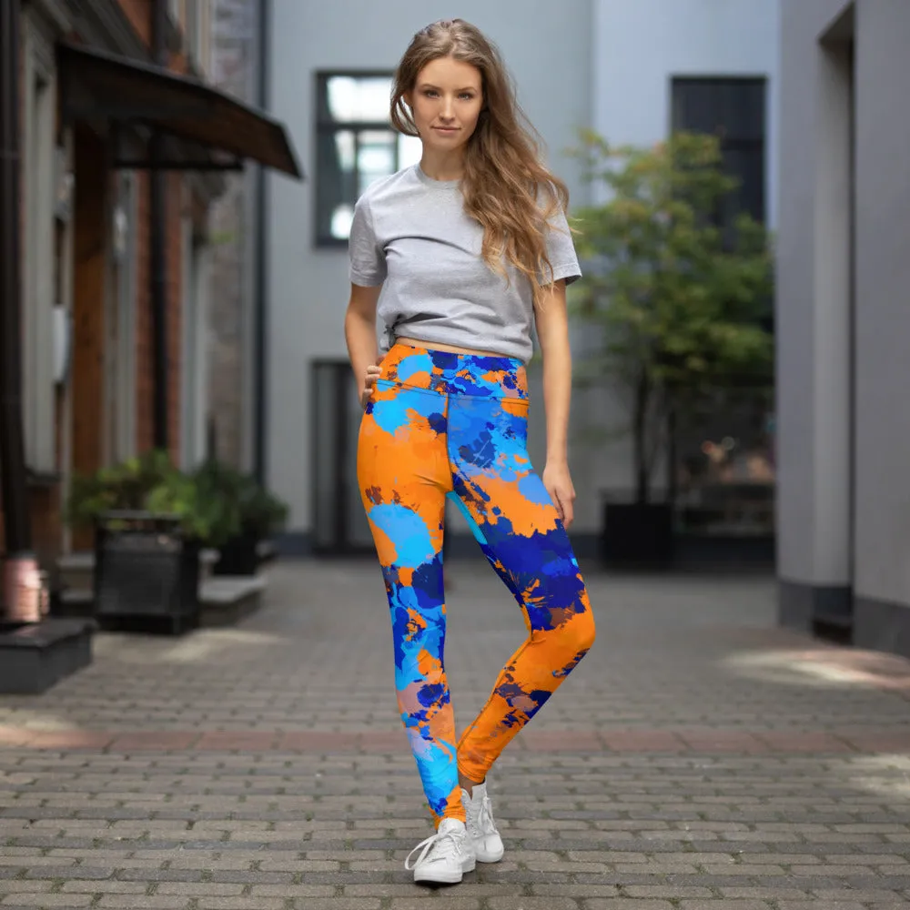 Blue and Orange Paint Splatter High-Waisted Yoga Leggings