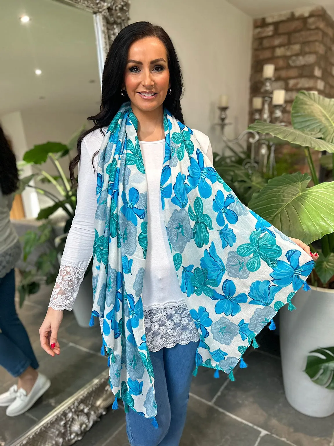 Blue Plumeria Flower Raw Edge Scarf