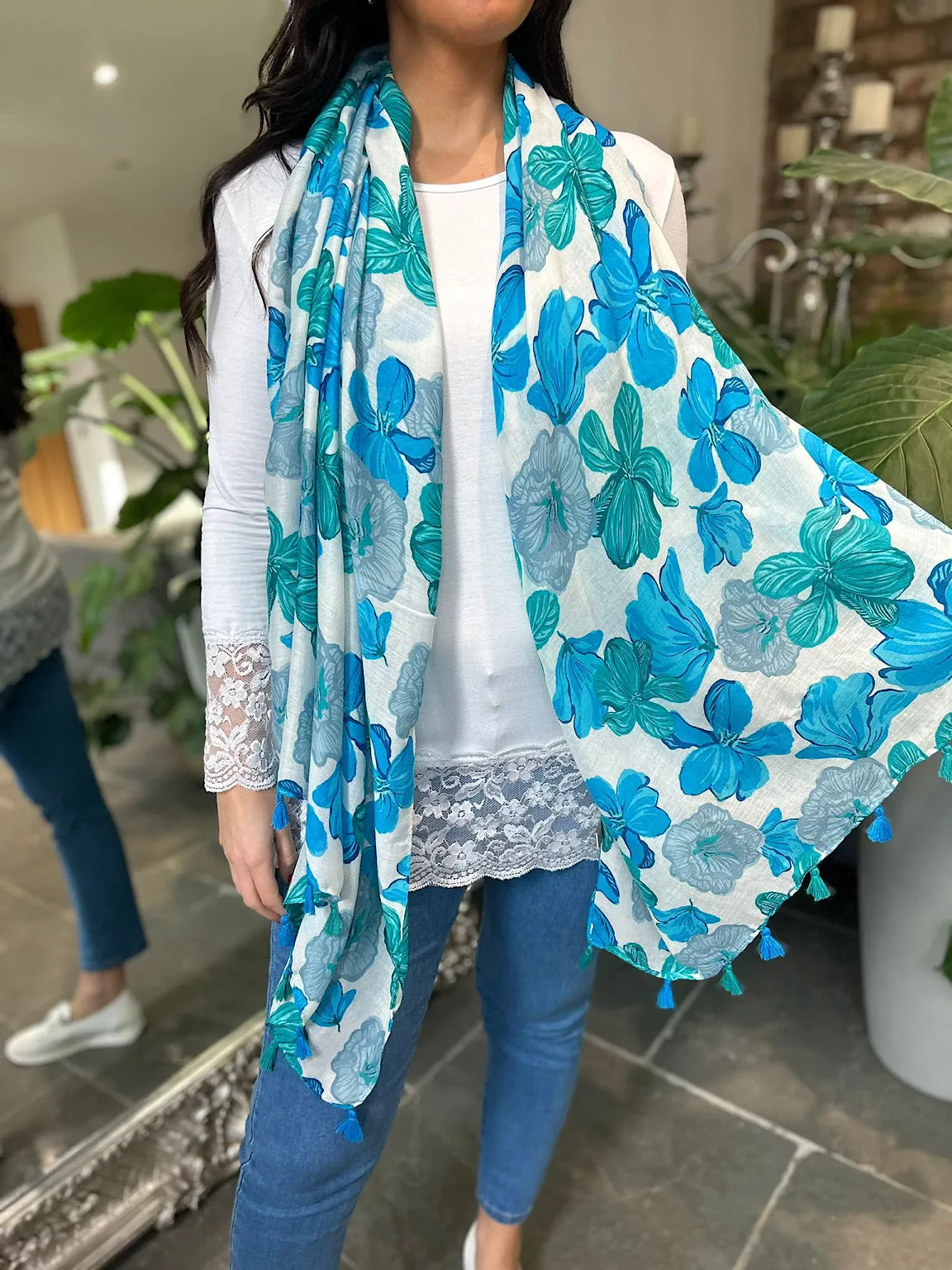 Blue Plumeria Flower Raw Edge Scarf