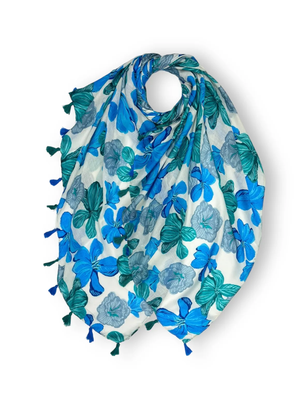 Blue Plumeria Flower Raw Edge Scarf