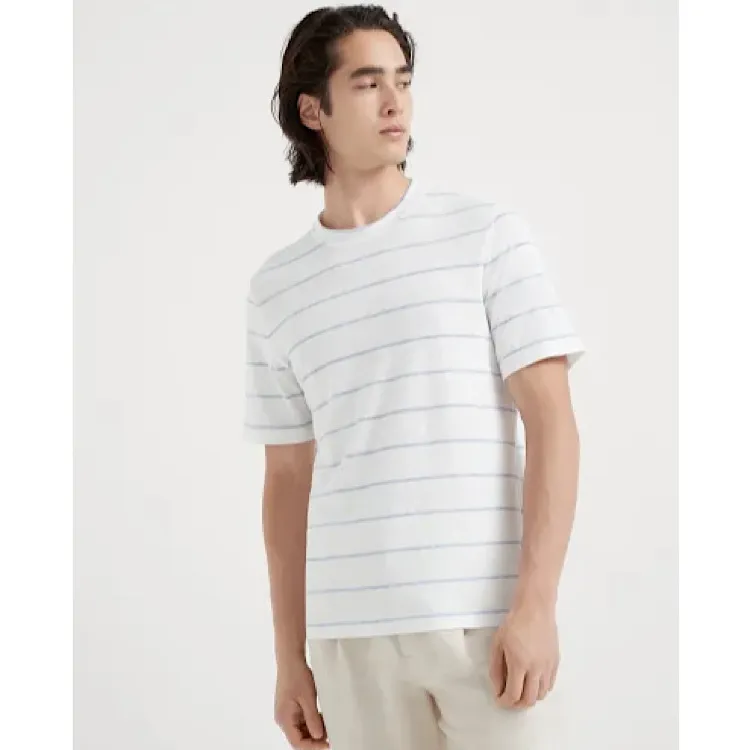 BRUNELLO CUCINELLI  |Crew Neck Pullovers Stripes Linen Cotton Short Sleeves