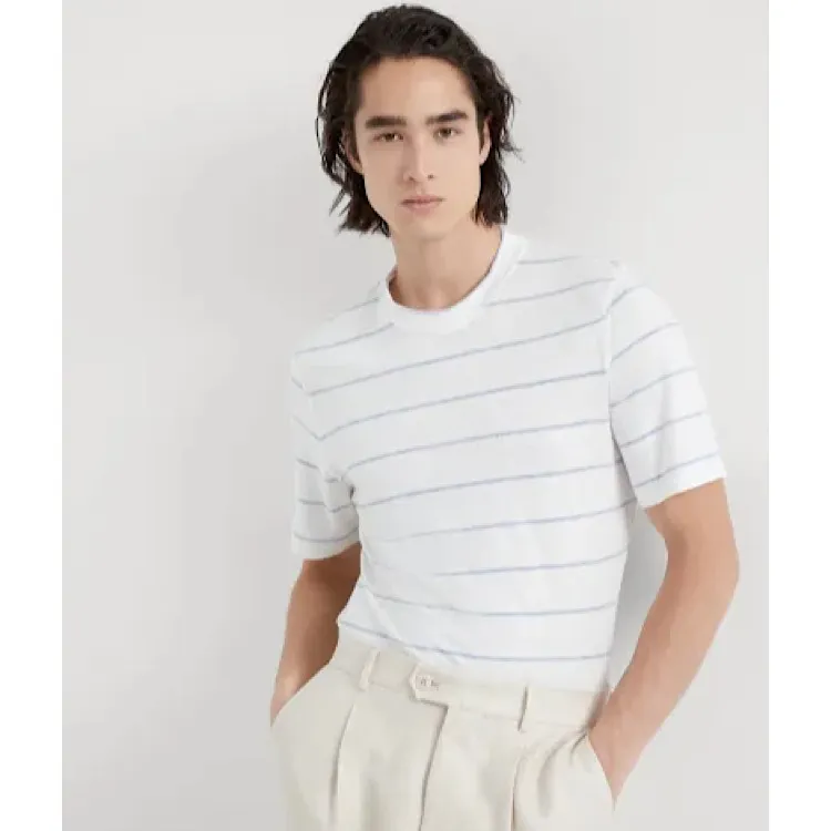 BRUNELLO CUCINELLI  |Crew Neck Pullovers Stripes Linen Cotton Short Sleeves