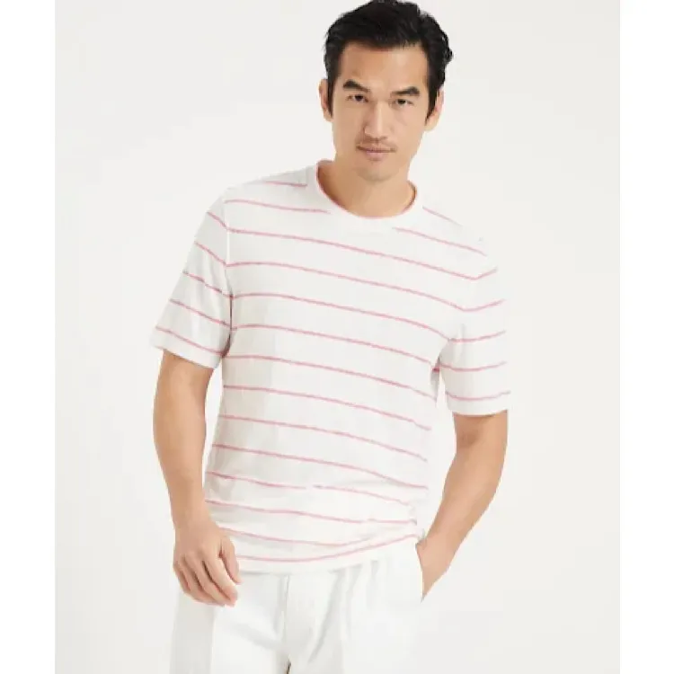 BRUNELLO CUCINELLI  |Crew Neck Pullovers Stripes Linen Cotton Short Sleeves