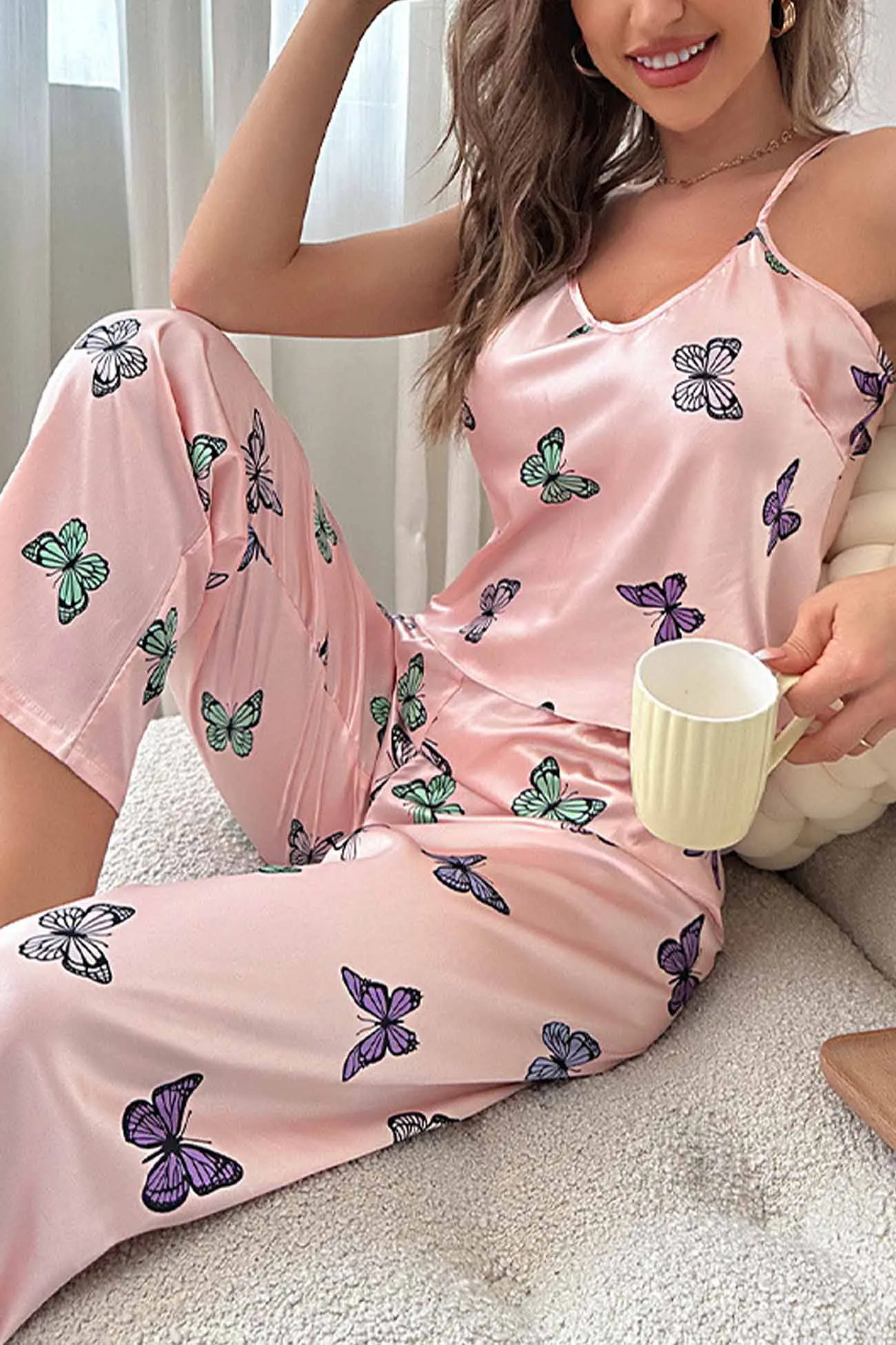 Butterfly Satin Spaghetti Strap Pants Loungewear