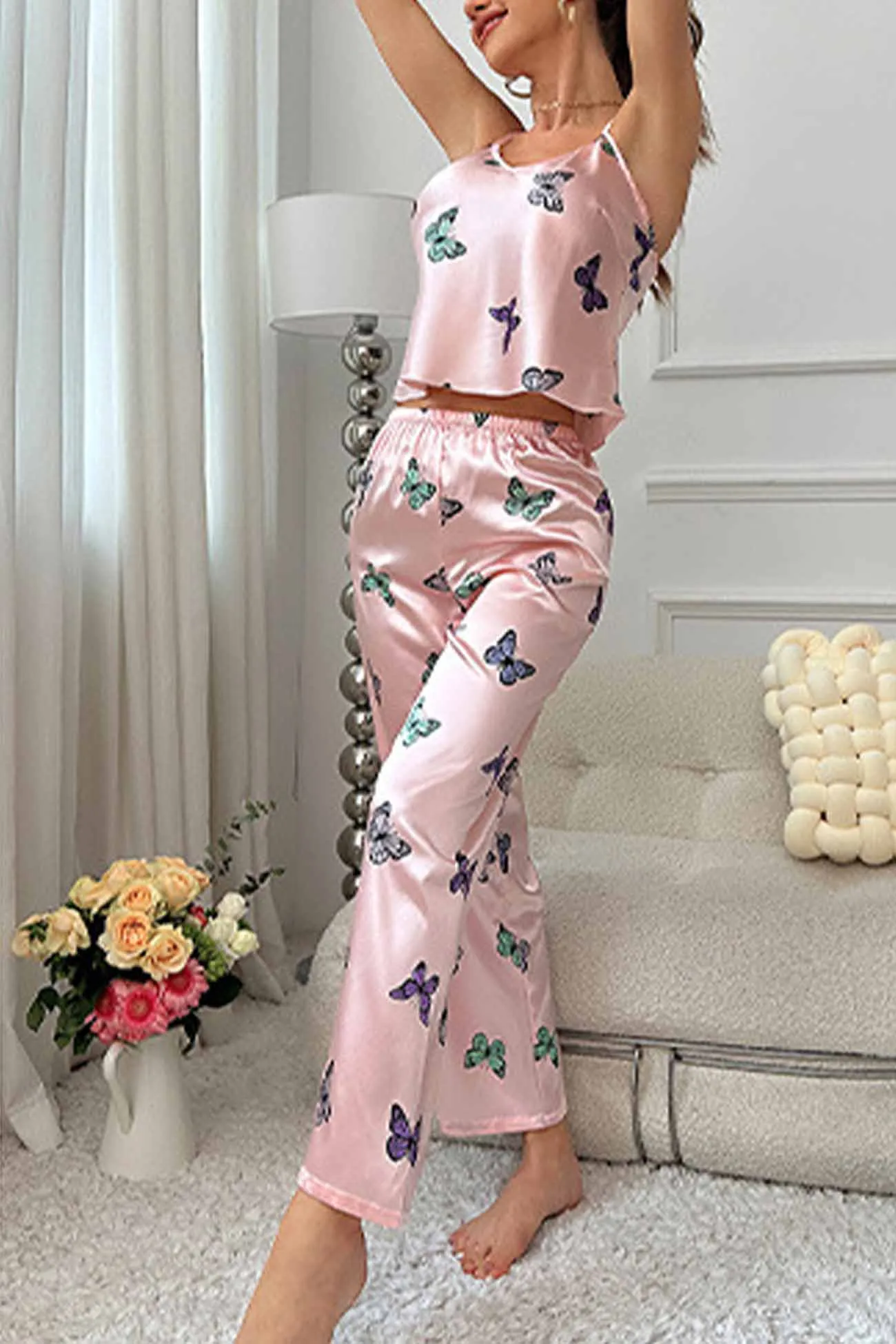 Butterfly Satin Spaghetti Strap Pants Loungewear