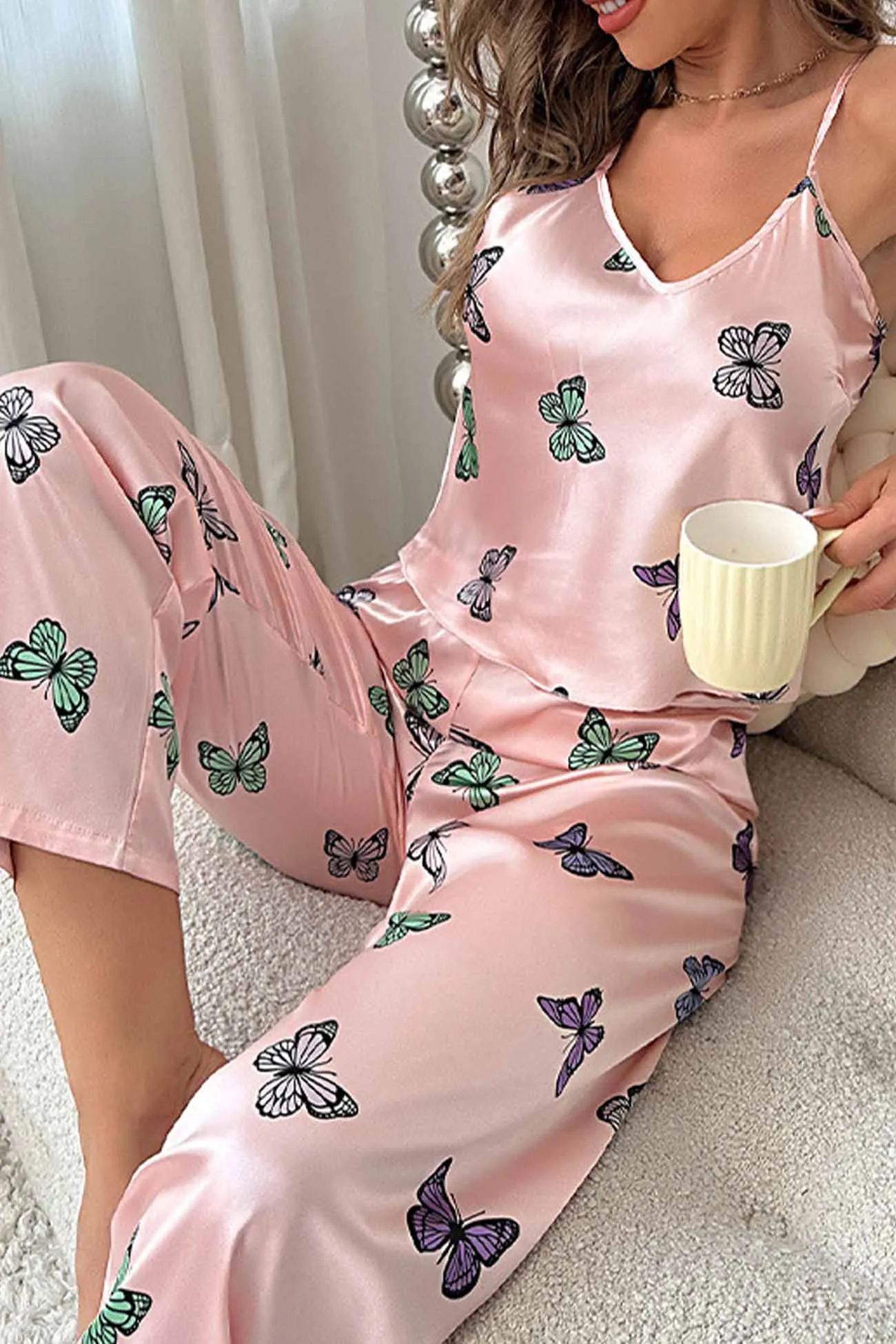 Butterfly Satin Spaghetti Strap Pants Loungewear