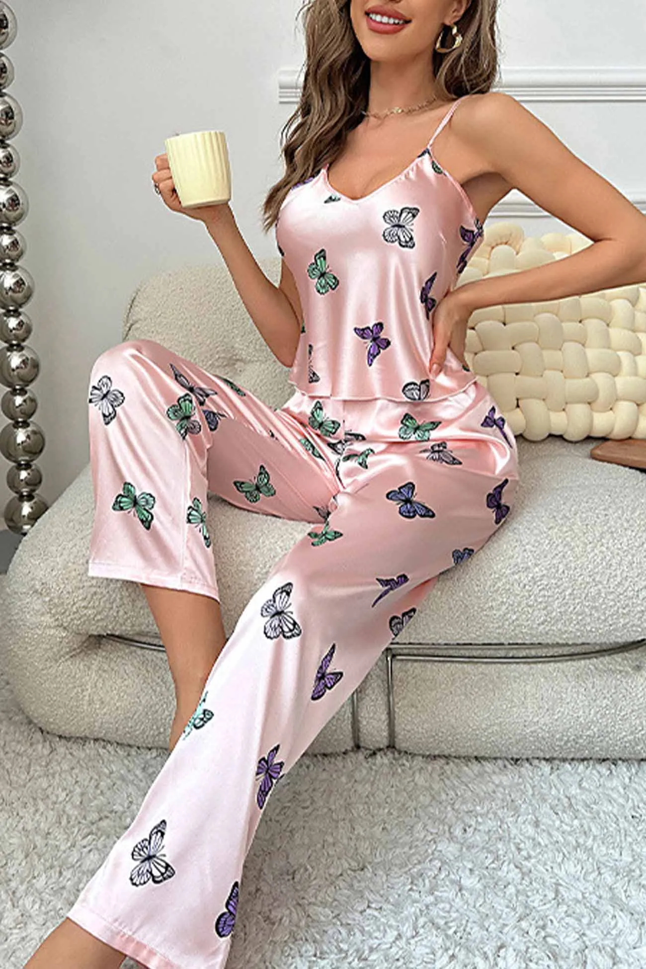 Butterfly Satin Spaghetti Strap Pants Loungewear