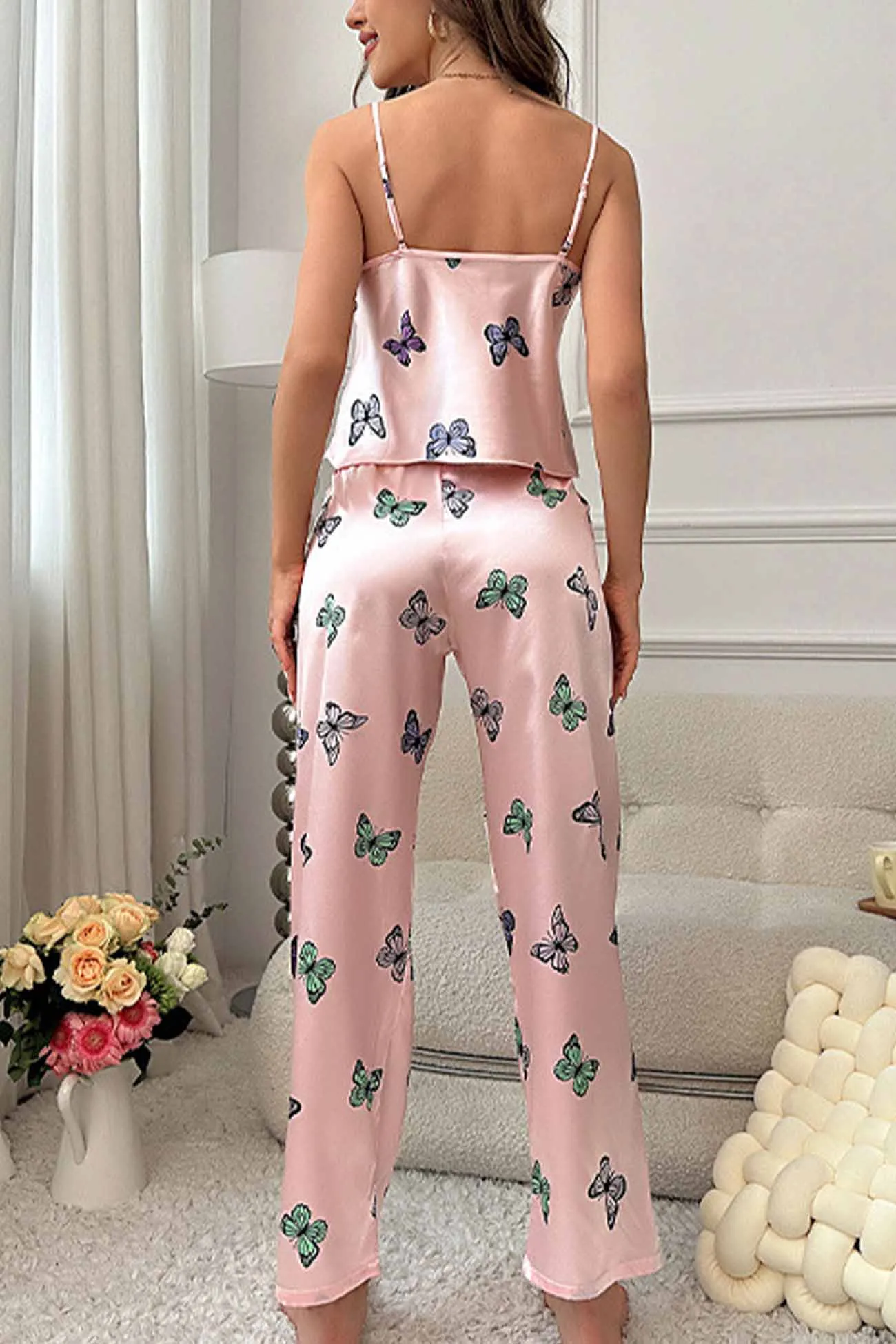 Butterfly Satin Spaghetti Strap Pants Loungewear