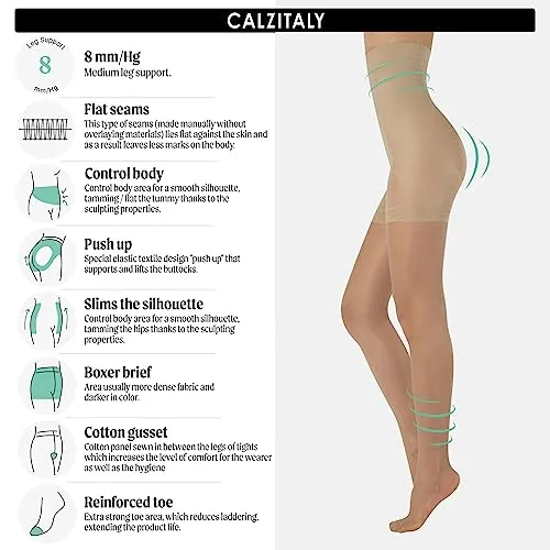 CALZITALY High Waist tights Control Top Shaping Nylons, Shaping Pantyhose, 20 Denier Sheer Shaping Tights for All Day Use (Small