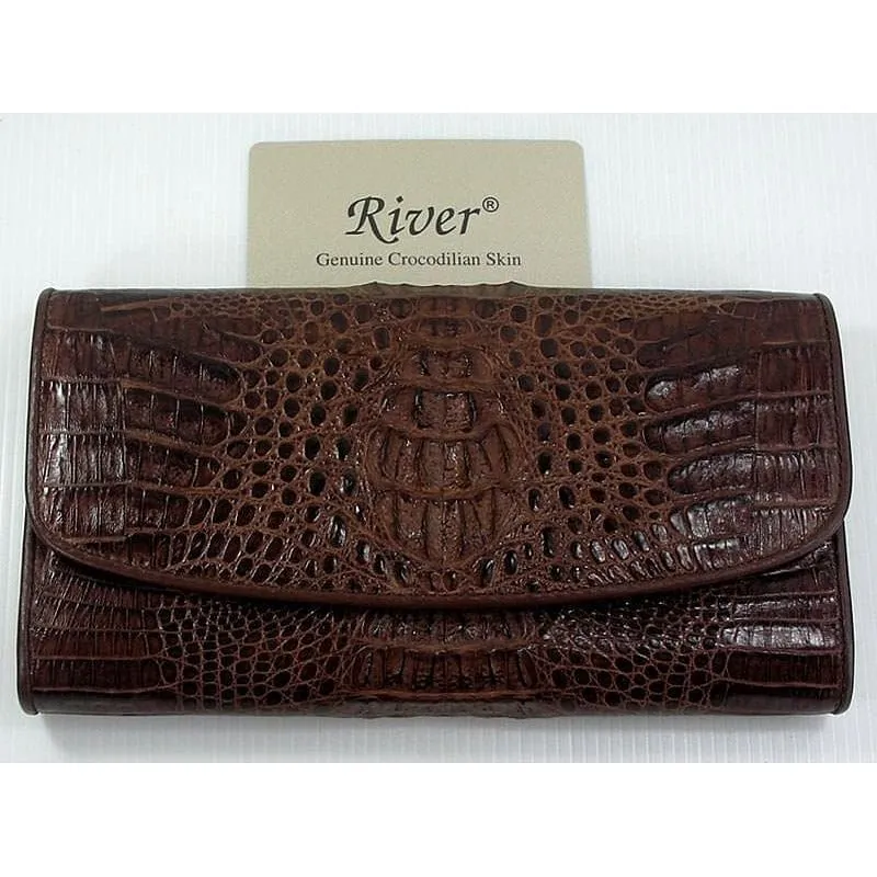 Dark Brown Genuine Crocodile Trifold Wallet