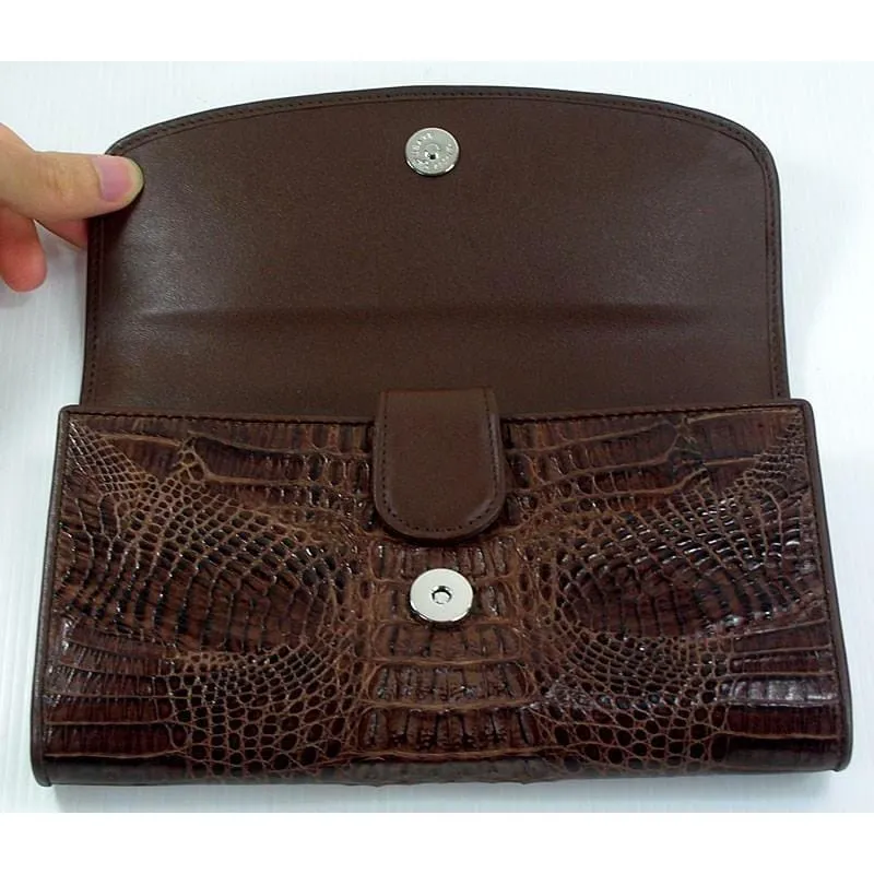 Dark Brown Genuine Crocodile Trifold Wallet