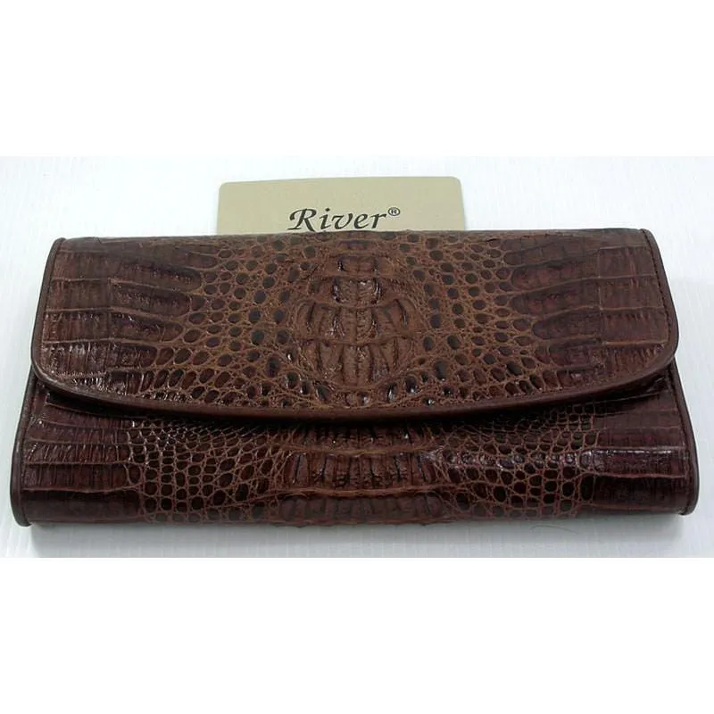 Dark Brown Genuine Crocodile Trifold Wallet