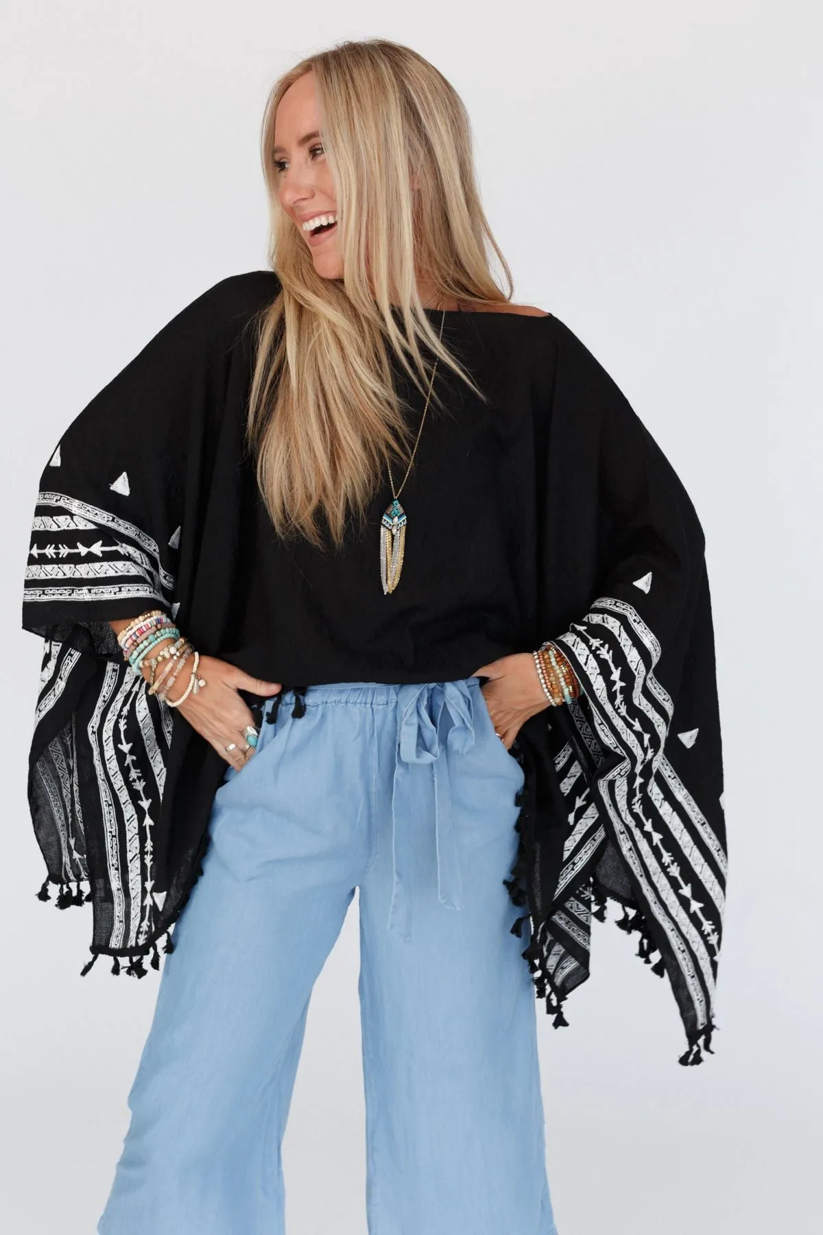 Fallon Embroidered Sleeve Tassel Poncho - Black