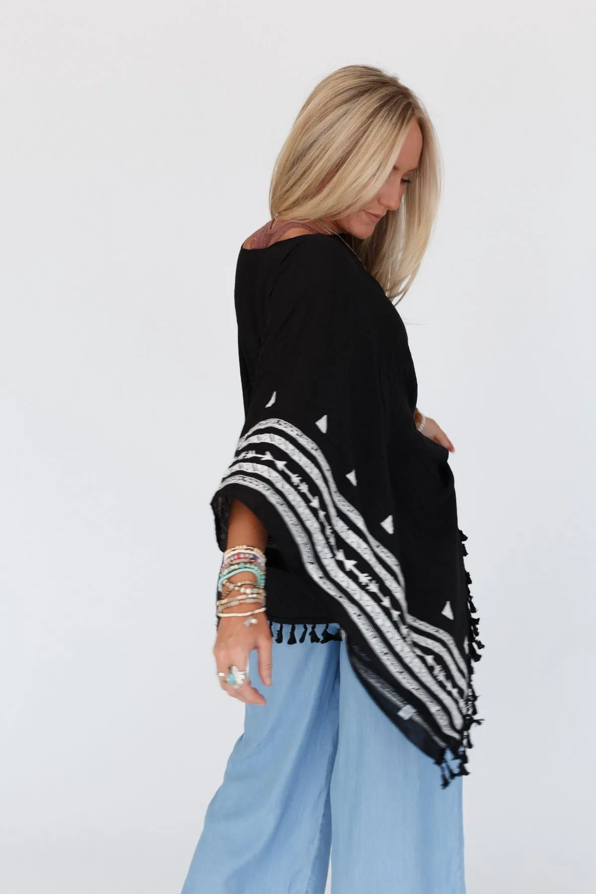 Fallon Embroidered Sleeve Tassel Poncho - Black