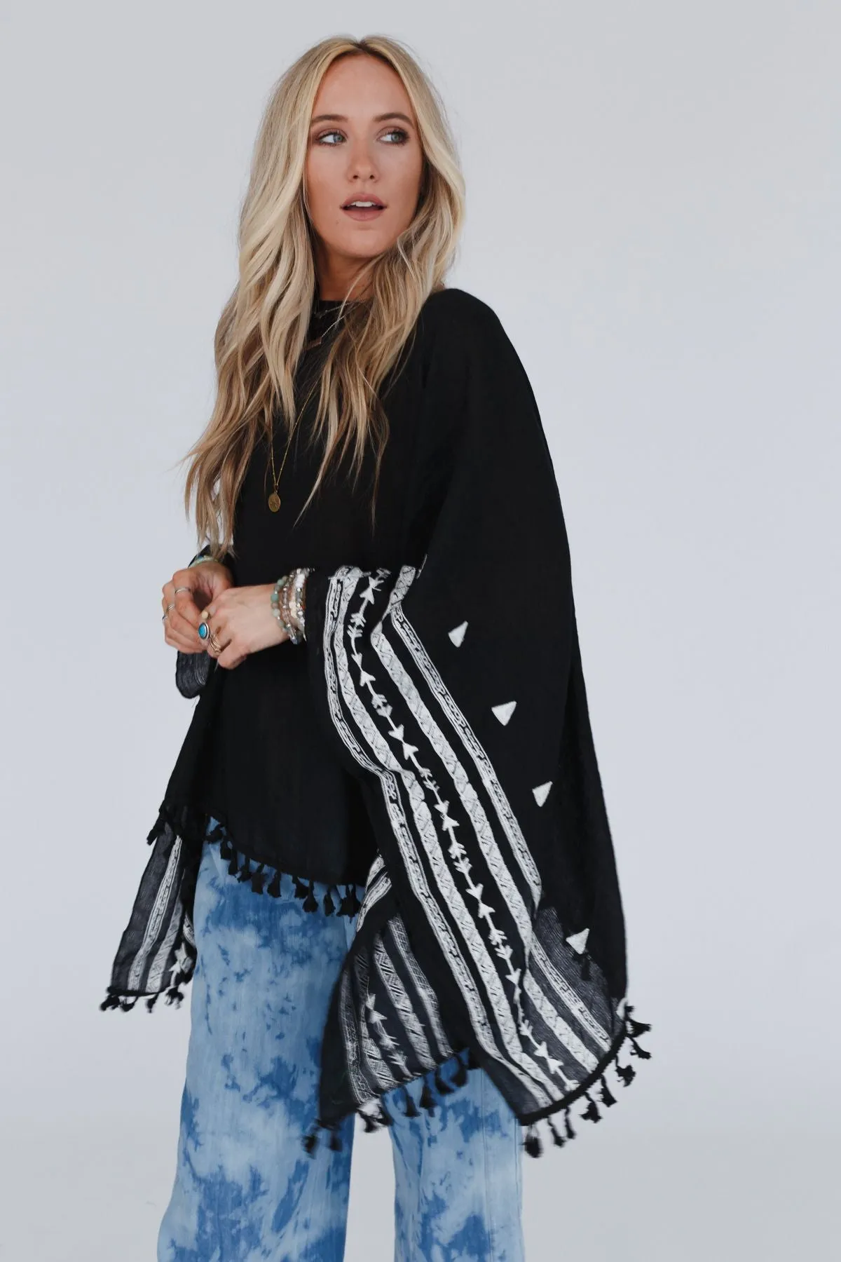 Fallon Embroidered Sleeve Tassel Poncho - Black