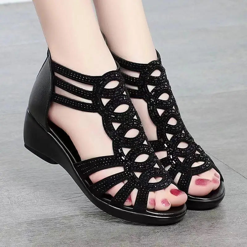 Fashion Outerwear Real Soft Leather Roman Sandals Women's Chunky Heel