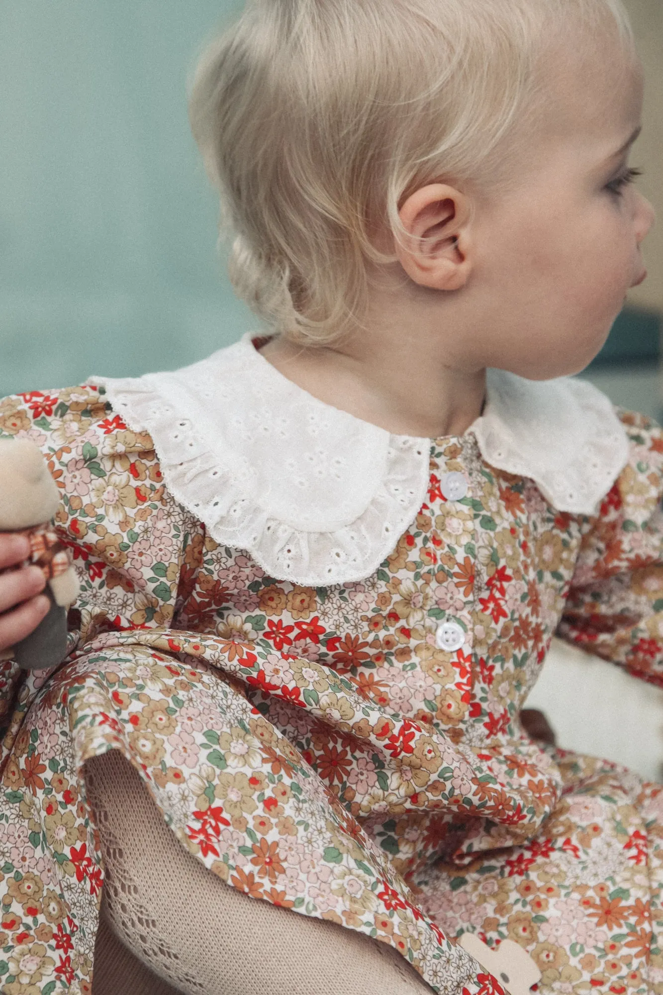 Floral & White Broderie Oversized Collar Dress