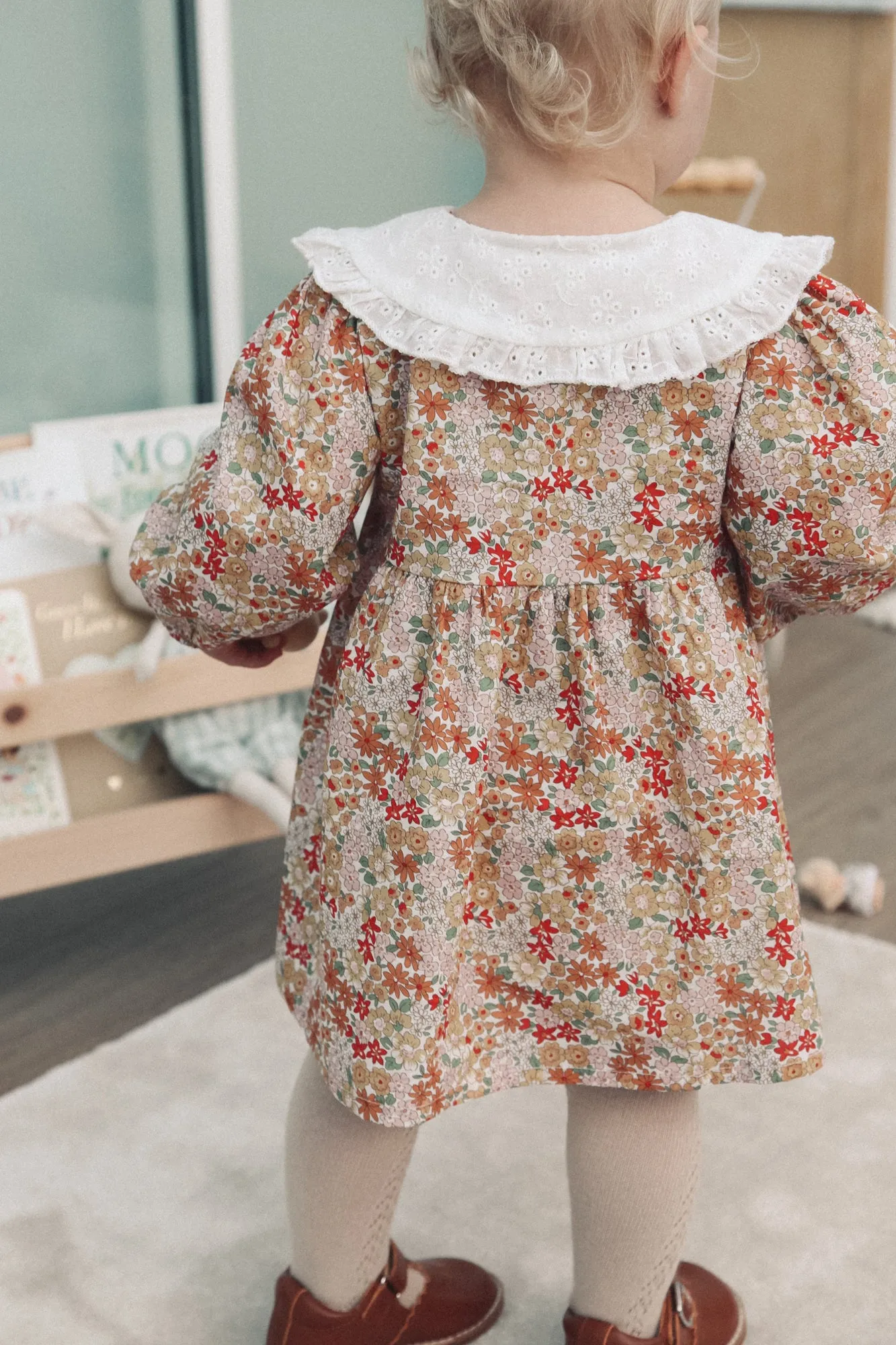 Floral & White Broderie Oversized Collar Dress