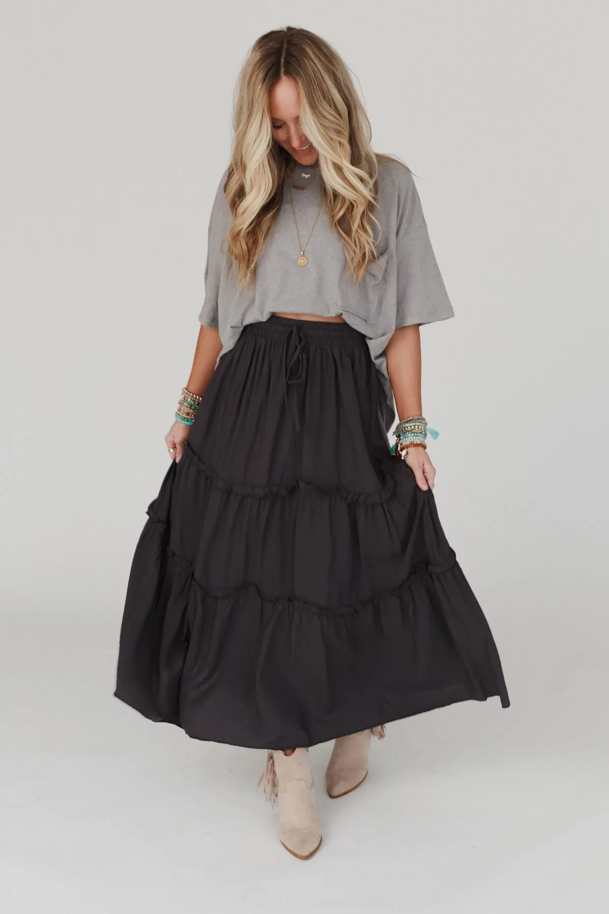 Frances Drawstring Maxi Skirt - Ash Gray