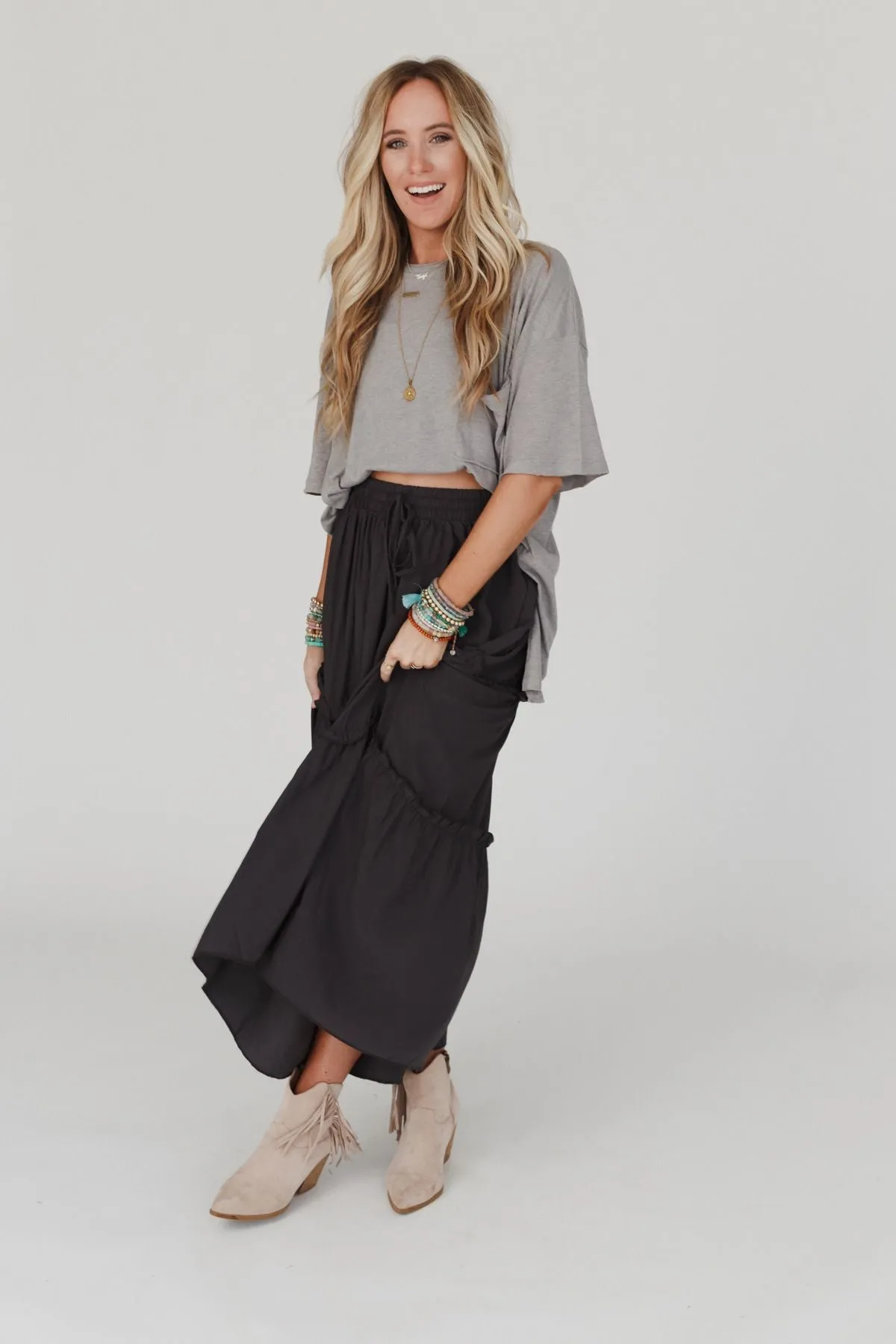 Frances Drawstring Maxi Skirt - Ash Gray