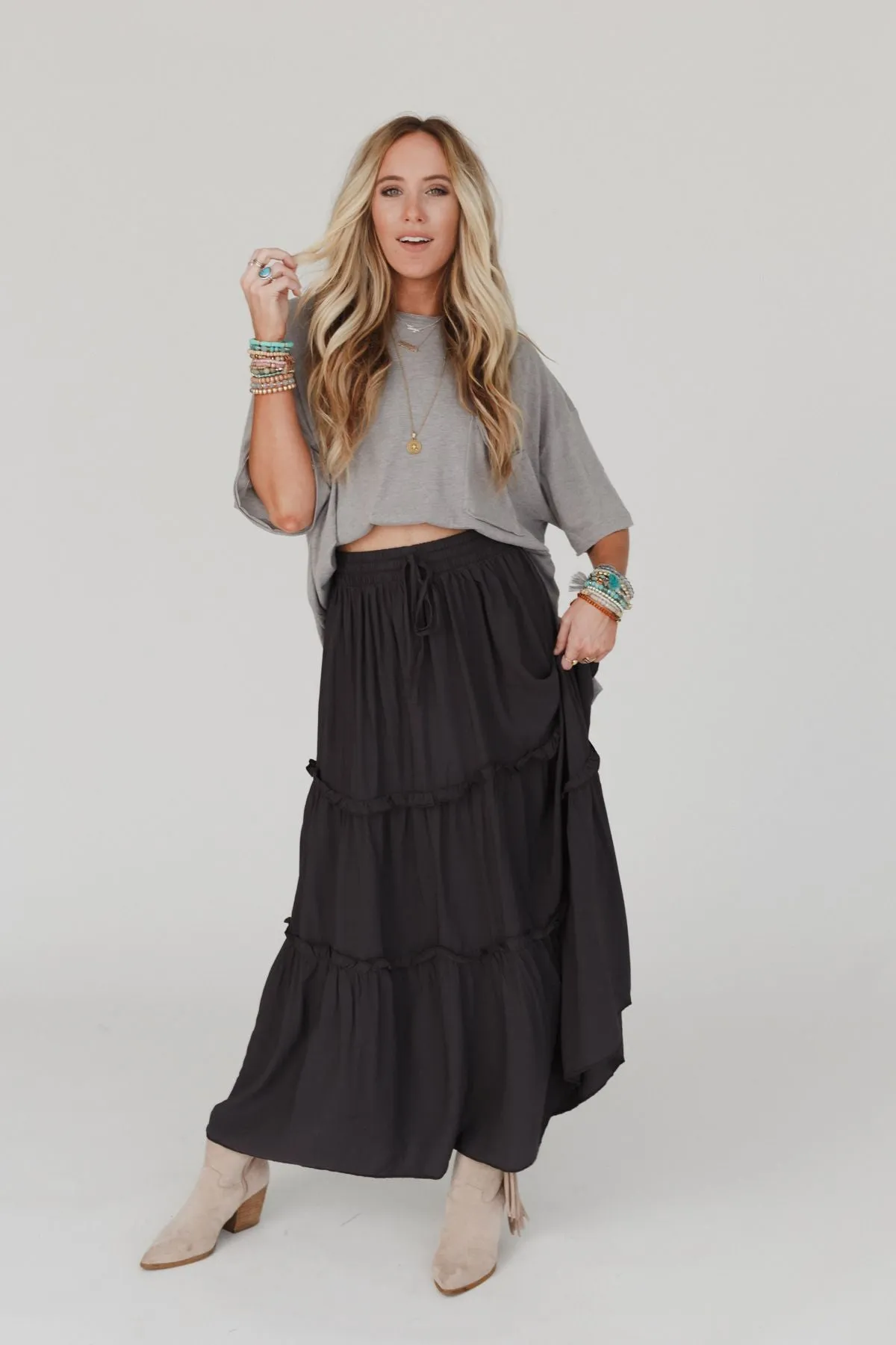 Frances Drawstring Maxi Skirt - Ash Gray