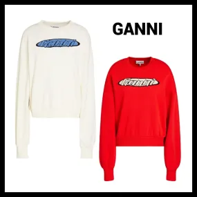 Ganni  |Crew Neck Unisex Street Style Long Sleeves Plain Cotton Logo