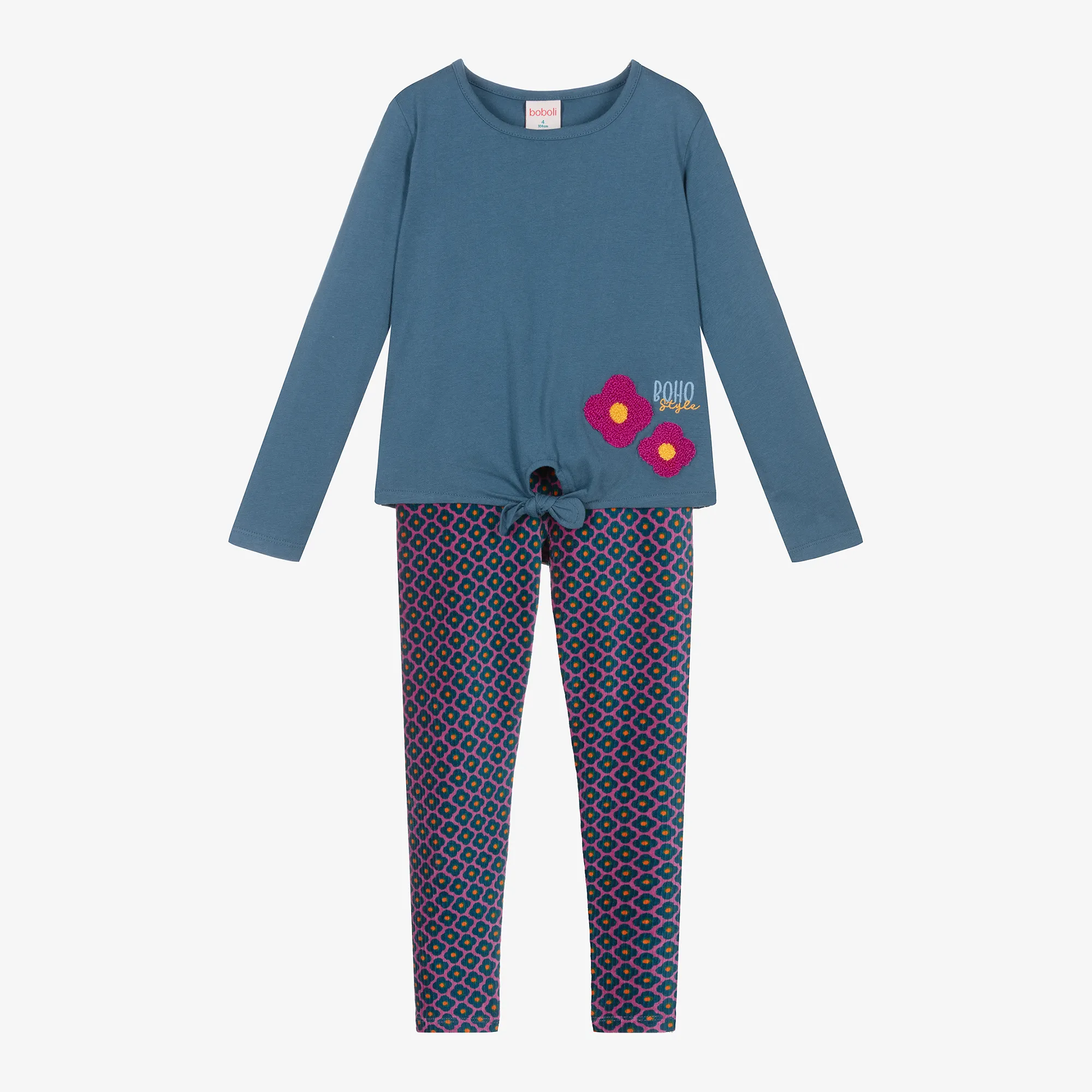 Girls Blue Cotton Floral Leggings Set