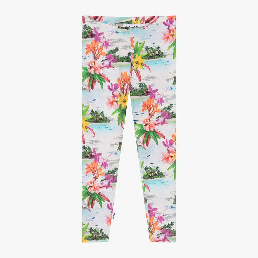 Girls White Cotton Tropical Print Leggings