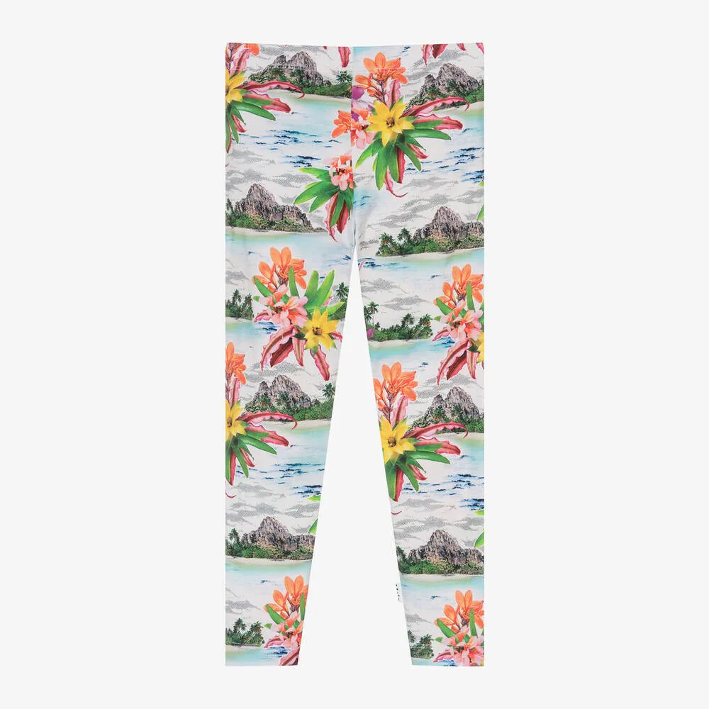 Girls White Cotton Tropical Print Leggings