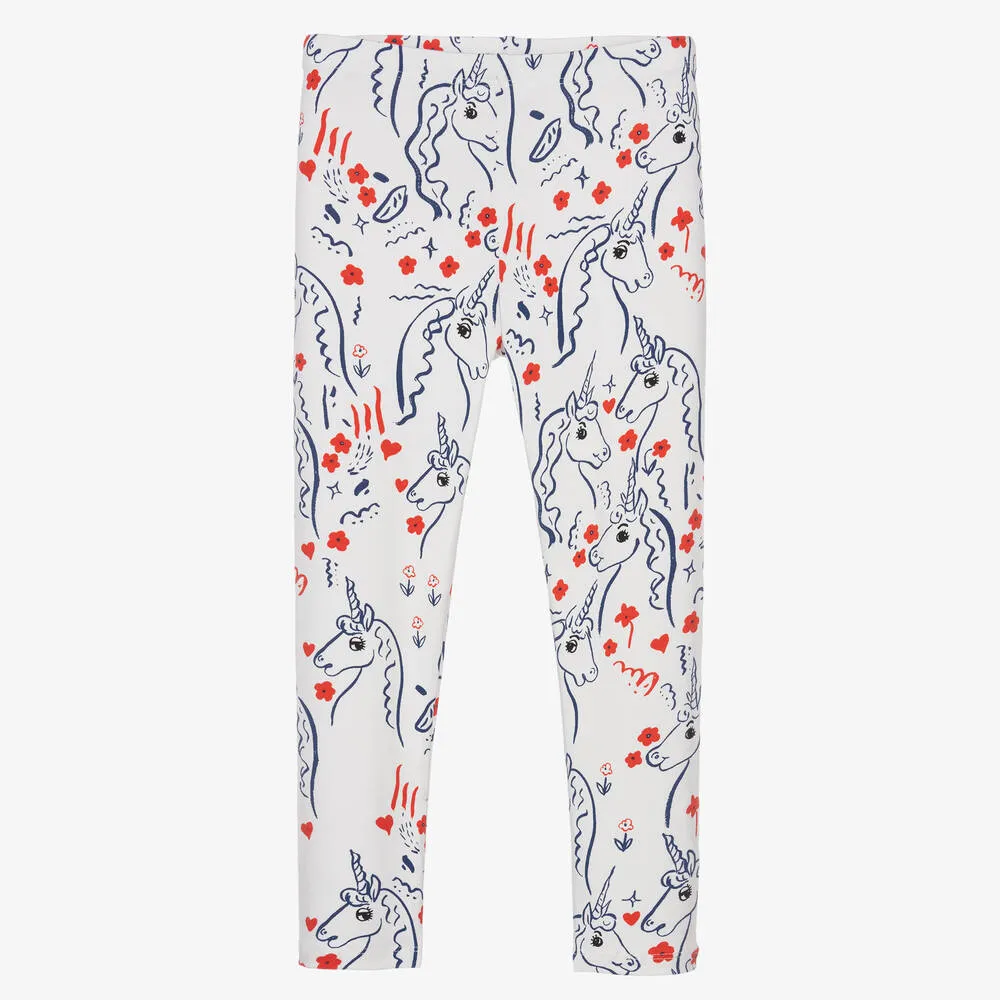 Girls White Cotton Unicorn Leggings