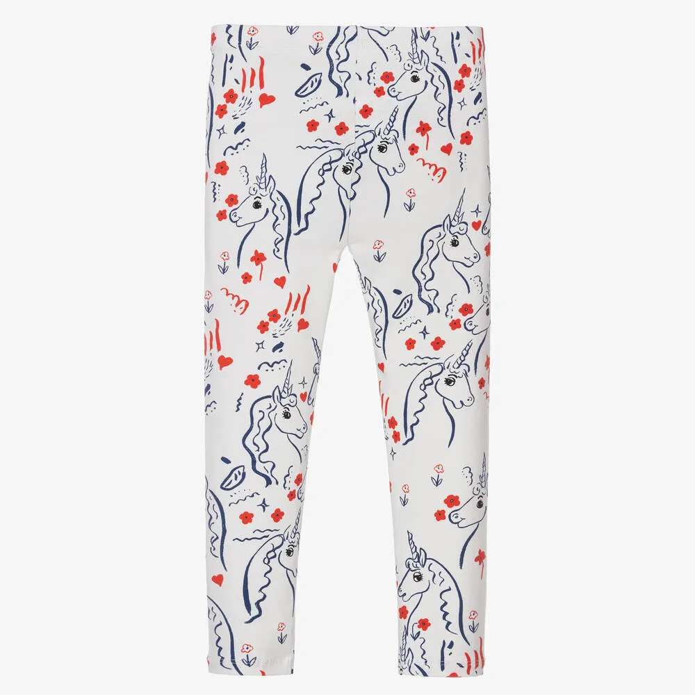 Girls White Cotton Unicorn Leggings