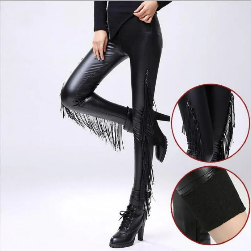 Gothic Leggings for Women - Sexy Gothique Punk Rock Style with Tassel Fringe and Steampunk Design - Warm and Comfortable