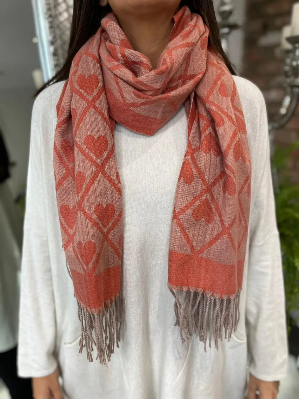 Heart Print and Tassel Scarf