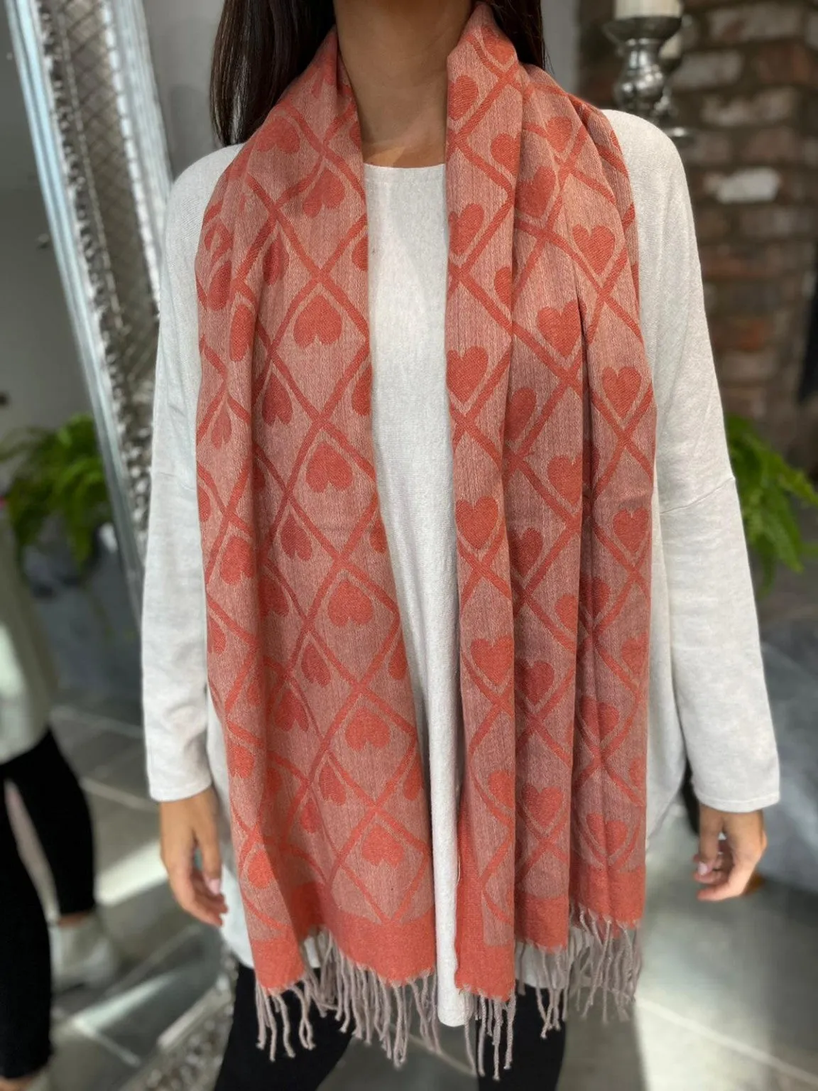 Heart Print and Tassel Scarf