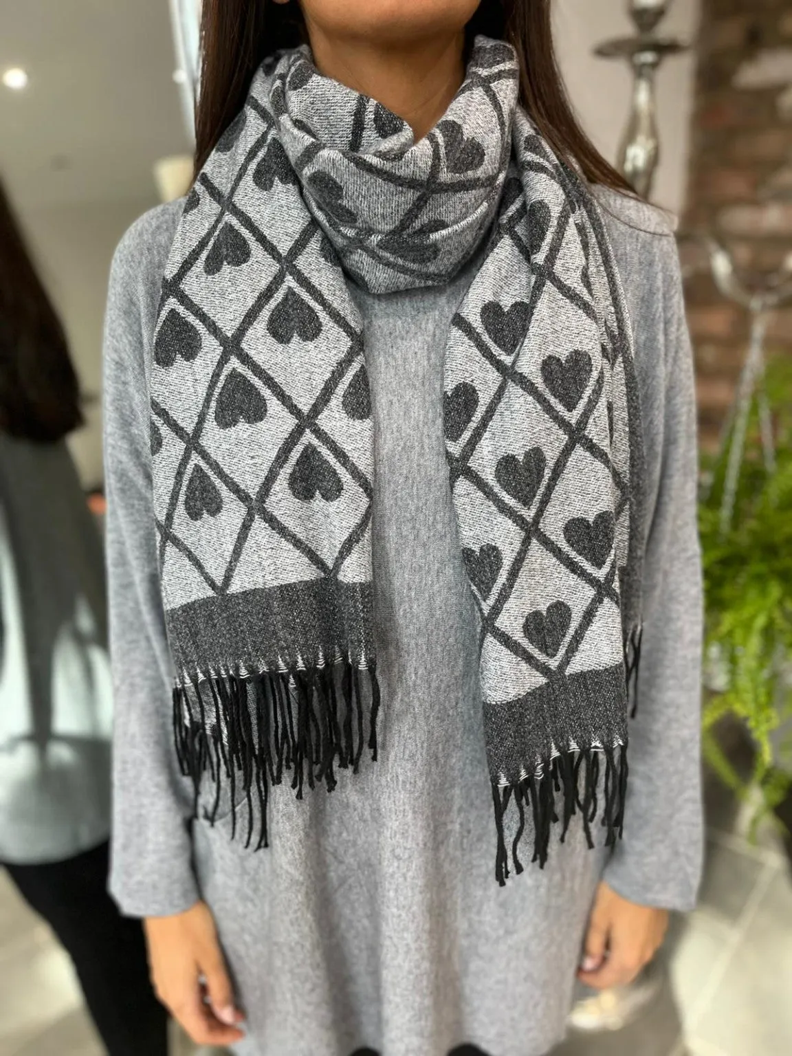 Heart Print and Tassel Scarf