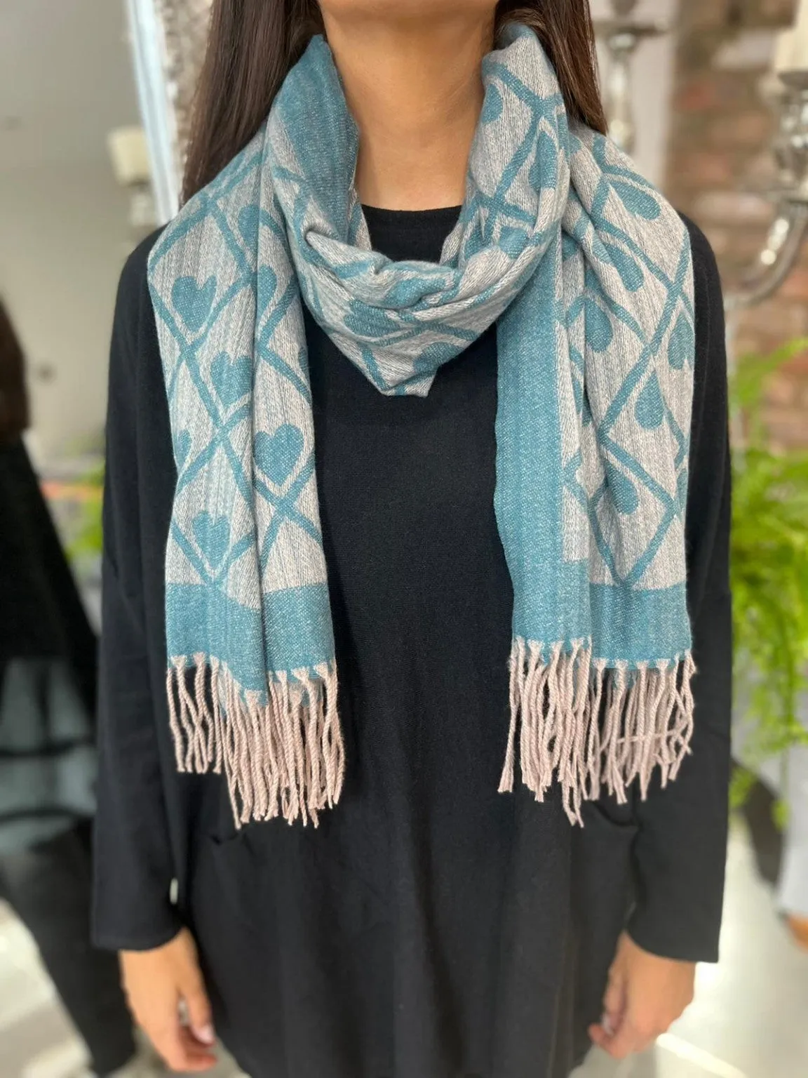 Heart Print and Tassel Scarf