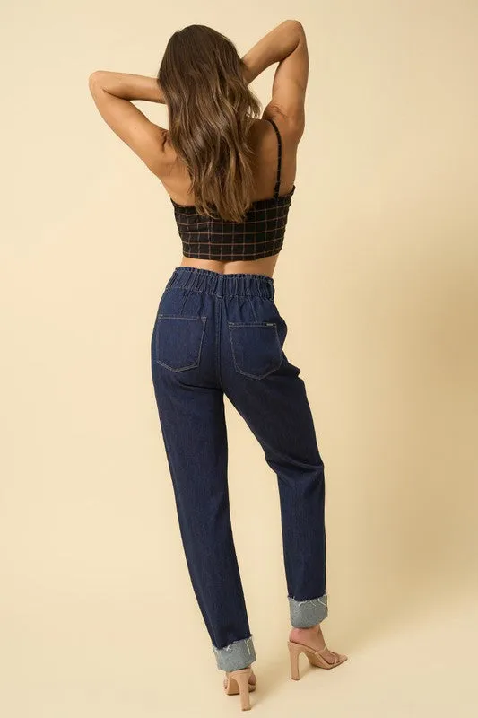 HIGH WAISTED PLEATED SLOUCHY DENIM PANTS